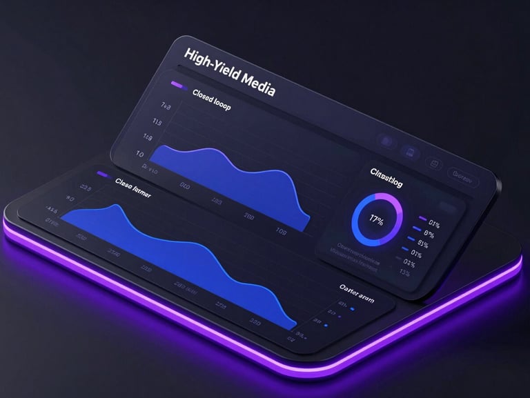 Sleek dark-mode dashboard mockup showing high-yield media performance metrics and closed-loop attribution charts, neon violet edge-lights