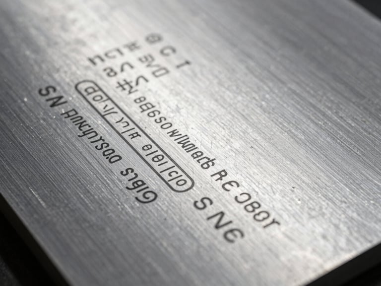 Extreme close-up of screen-printed industrial aluminum plate with engraved technical specifications, high-contrast shadows