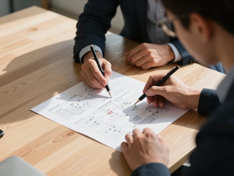 Medium-close shot of two professionals analyzing a printed operational workflow diagram on a light oak table, bright natural daylight casting sharp shadows.