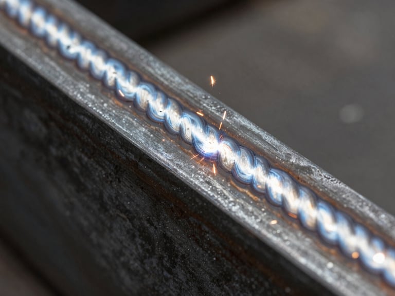 Close-up macro shot of a clean, uniform weld bead on thick structural steel, bright arc welding sparks illuminating dark metal, high-contrast industrial lighting.