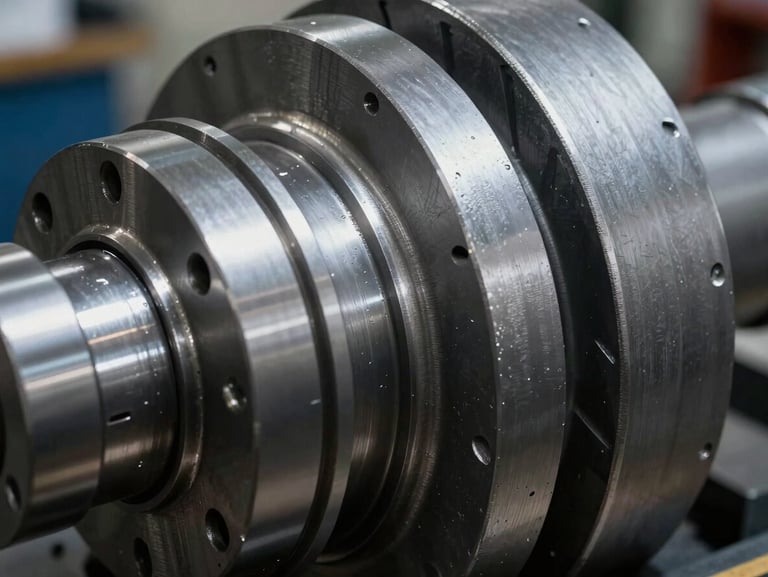 Close-up of a heavy-duty turbine component with complex geometries, raw metal texture, dramatic contrast
