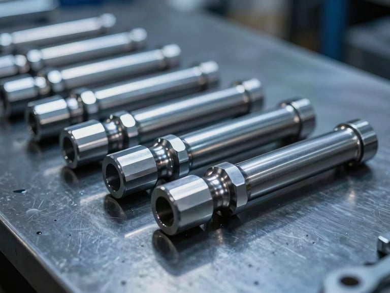 A row of identical finished CNC turned aluminum automotive shafts on a clean dark surface, industrial blue lighting reflection