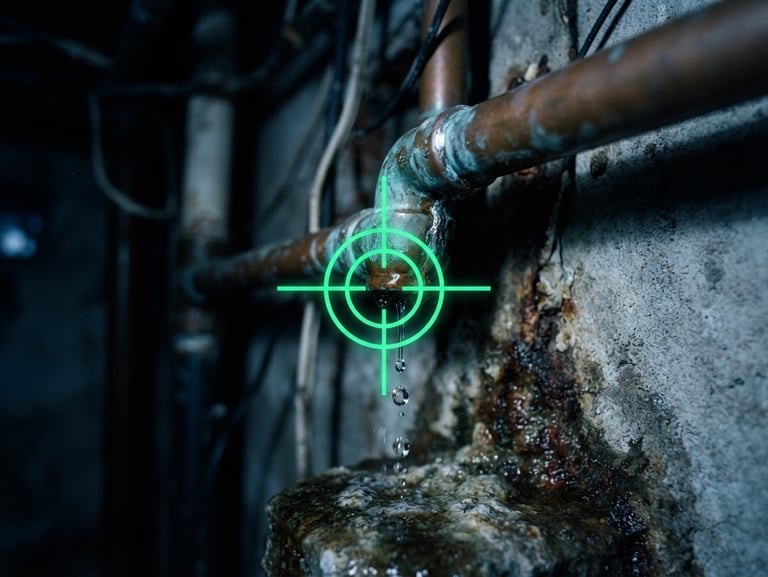 A close-up macro shot of a leaking copper pipe joint with high-contrast neon green targeting crosshairs overlaid, dramatic low-light utility room setting, 35mm