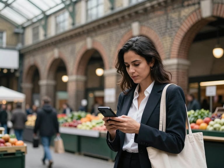 London Borough Market on a grey morning, a Latina professional with a tote bag checking her phone for a rental listing, brick arches and produce stalls in the soft background