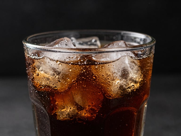 Cold refreshing soda glass with condensation, ice cubes, dark moody background, dramatic side lighting.