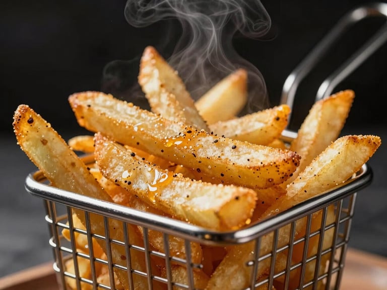 Crispy seasoned french fries piled high in a metal basket, steam rising, warm dramatic lighting, dark background.