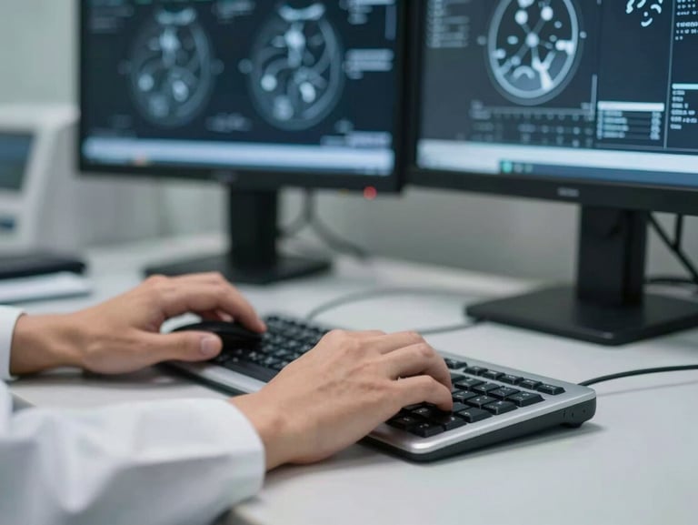 Close-up of a radiologist's hands on a keyboard and mouse at a clinical imaging workstation, dual diagnostic monitors displaying scan data softly blurred in background, cool fluorescent lighting, sharp focus on hands and desk surface, professional clinical environment