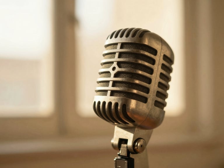 Macro shot of a vintage studio microphone in warm golden-hour light, soft focus, rich textures.