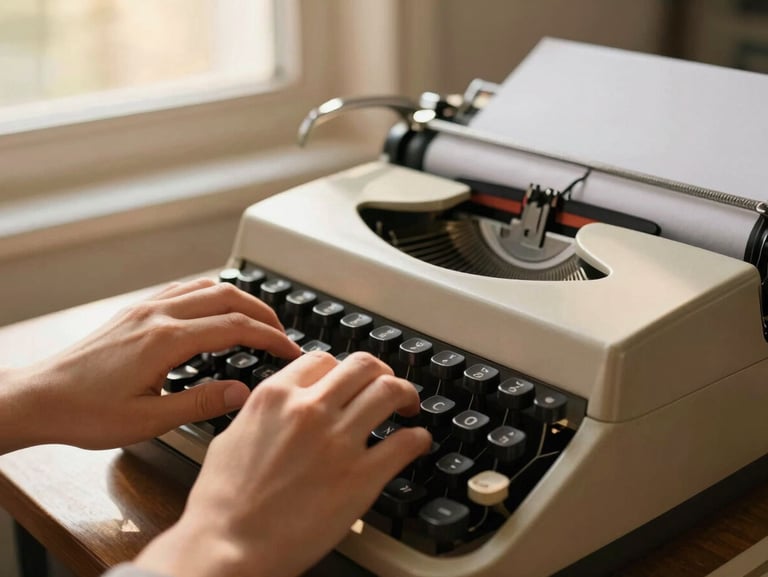 Hands typing on a classic mechanical typewriter, warm sunbeams filtering through a window.