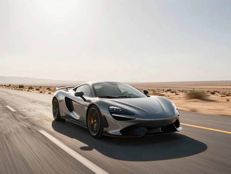 A luxury sports car driving fast on a sweeping desert highway under harsh direct midday sun, heat haze visible on the horizon