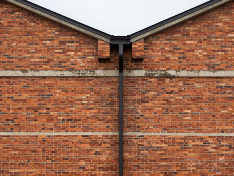 Symmetrical architectural shot of a brick warehouse exterior, clean mortar lines, overcast daylight.