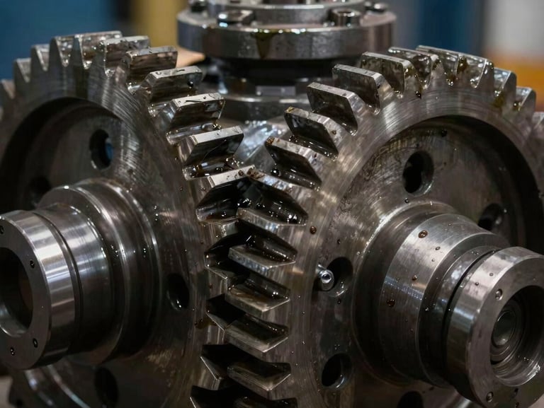 Extreme close-up of heavy machinery gears, clean steel and grease, low-contrast shadows, industrial asset.