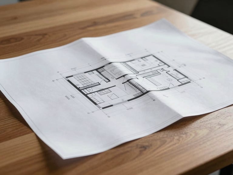 Close-up of architectural blueprints resting on a solid oak boardroom table, soft natural side light.