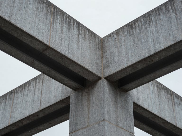 Close-up texture of heavy architectural stone and steel beams, clean geometric lines, cool-toned overcast light, symbolizing permanence.