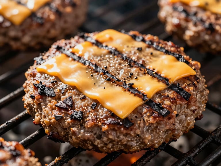 Vibrant close-up of a plant-based burger patty on a grill, perfect char marks, melting vegan cheese, hard direct sunlight.