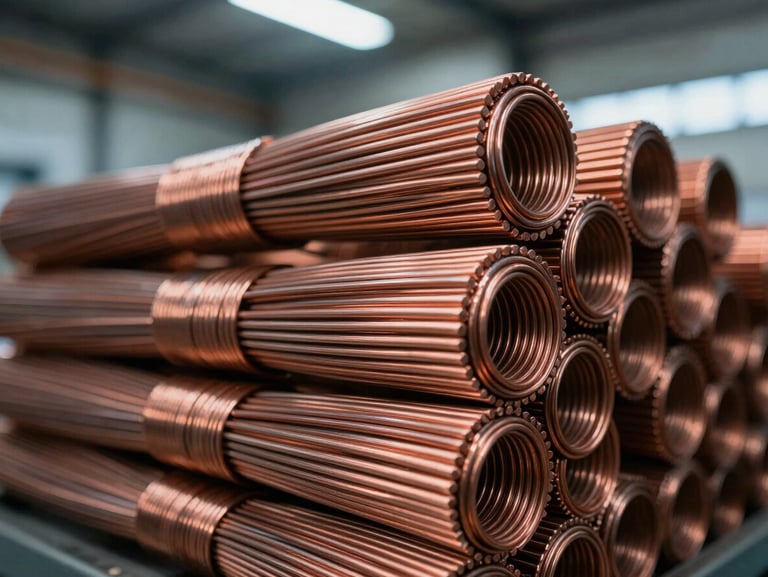 A macro close-up of sorted copper wire bundles stacked neatly inside an industrial warehouse under high-contrast cool overhead lighting.