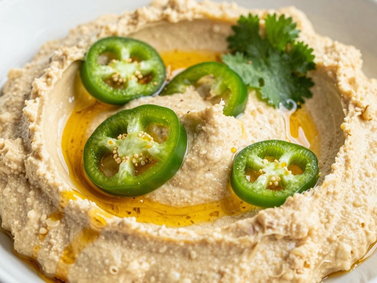 Macro close-up of Spicy Jalapeño hummus, garnished with thin slices of fresh green pepper, cilantro leaves, and a drizzle of chili oil.