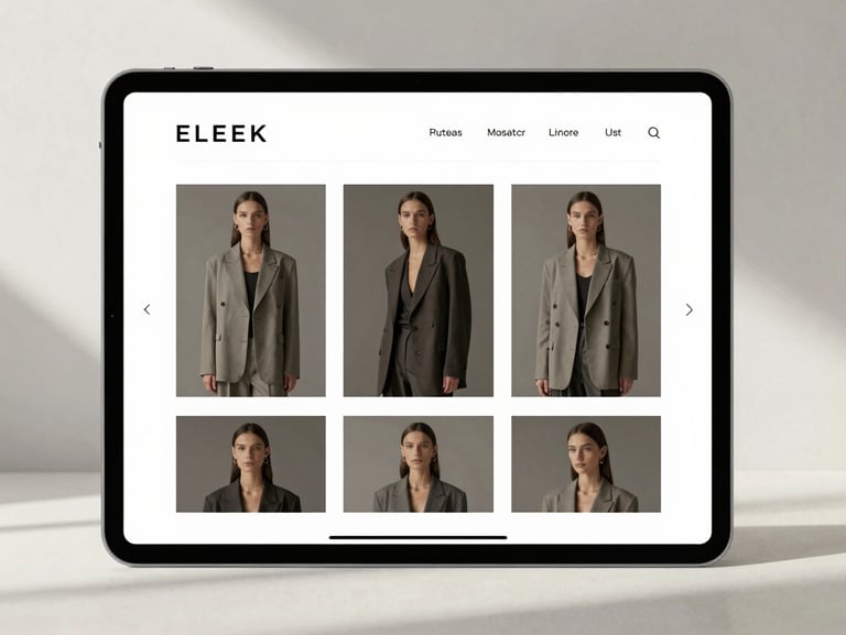 Sleek e-commerce interface mockup on a tablet screen, minimalist luxury fashion brand, desaturated charcoal tones