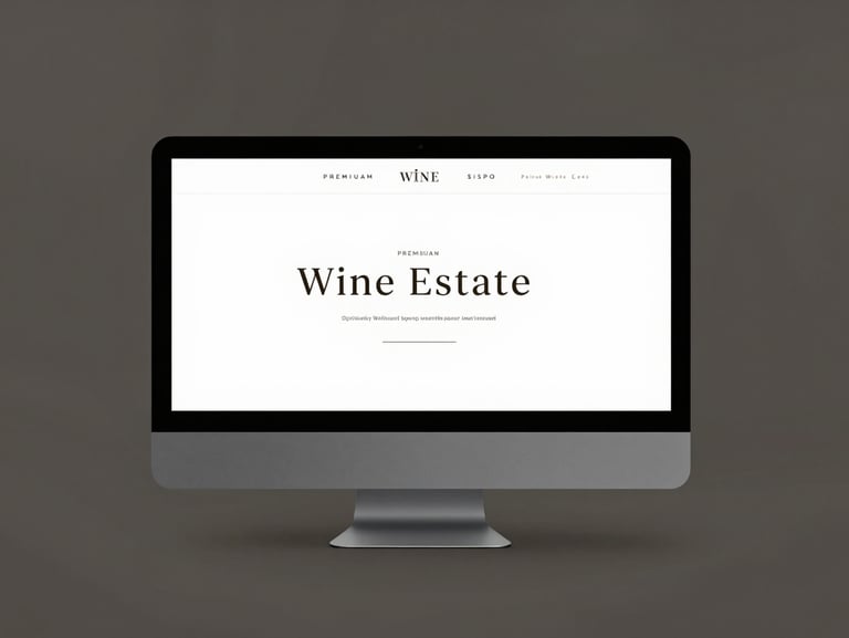 Minimalist desktop mockup of a premium wine estate website, dark charcoal interface, clean typography, sharp focus