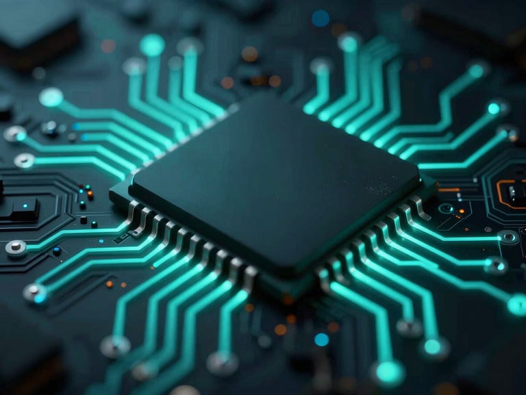 Macro shot of a silicon microchip with glowing cyber-teal circuit lines, low-key dramatic studio lighting, high-contrast cybernetic mood.