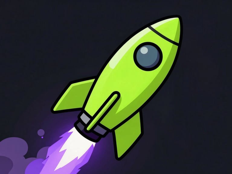 Flat cell-shaded vector illustration of a neon green rocket firing upward, thick black outlines, electric purple smoke trailing behind against a dark background.