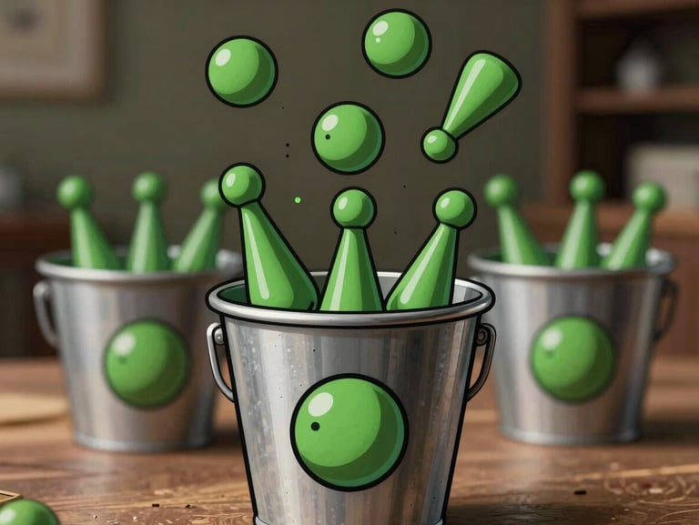 Vector cartoon illustration of falling green plinko pegs and balls bouncing into high multiplier buckets, thick black outlines.