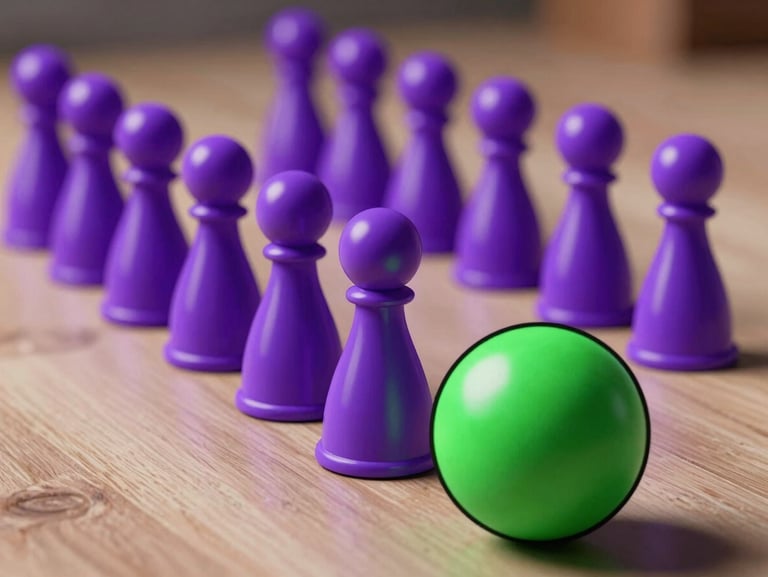 Flat cell-shaded vector illustration of neon purple plinko pegs with a bright green ball bouncing down, heavy black strokes.