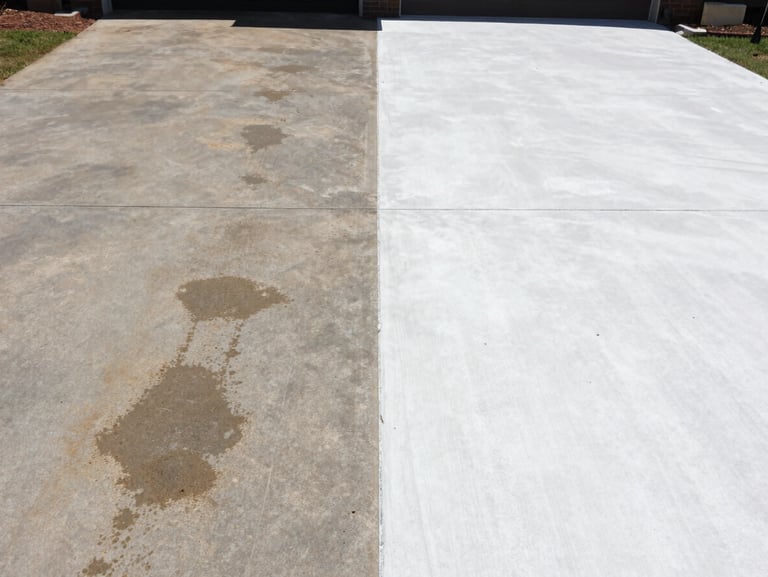 Split-screen before and after of a concrete driveway, left side dark with dirt and oil stains, right side bright white restored concrete.