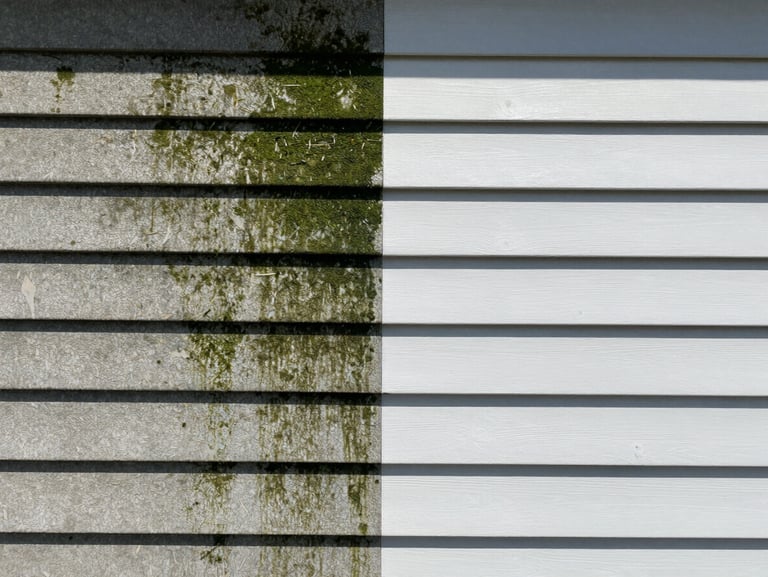 Split-screen before and after of home siding, left side covered in dark green algae, right side perfectly clean and sparkling under bright midday sun.