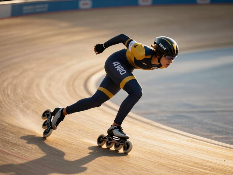 Dramatic action shot of an elite roller skater in aerodynamic motion on a professional track, wearing UK-India collaborative colors, golden-hour rim lighting, deep navy and gold tones, sharp focus, 35mm