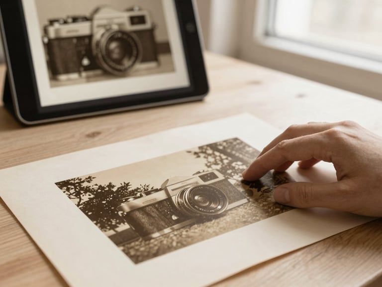Vintage sepia photograph being carefully restored, a hand gently touching the print, soft studio light, texture of old paper and a digital tablet showing the restored version in the background.