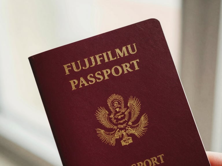 Close-up of a perfectly focused passport photo, crisp details, natural light, on Fuji photo paper held by a hand. Soft background blur.