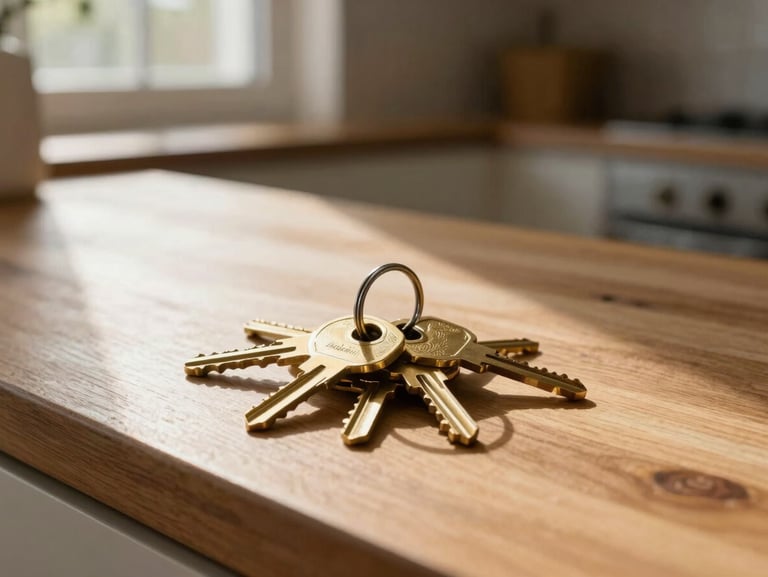 A set of brass car keys resting on a clean wooden kitchen counter, warm late-afternoon sun streaming through a window.