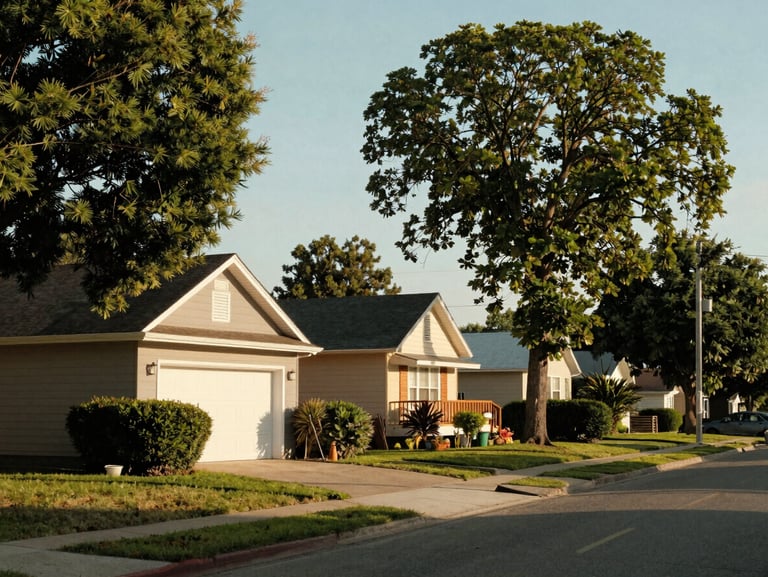 Close-up of a local neighborhood streetscape with modest homes and mature trees, bathed in warm, natural late-afternoon sun.