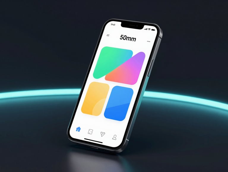 Crisp product render of an Android phone mockup displaying a clean, adaptive UI interface with colorful geometric shapes, isolated on a dark reflective surface with a subtle cyan glow, 50mm.