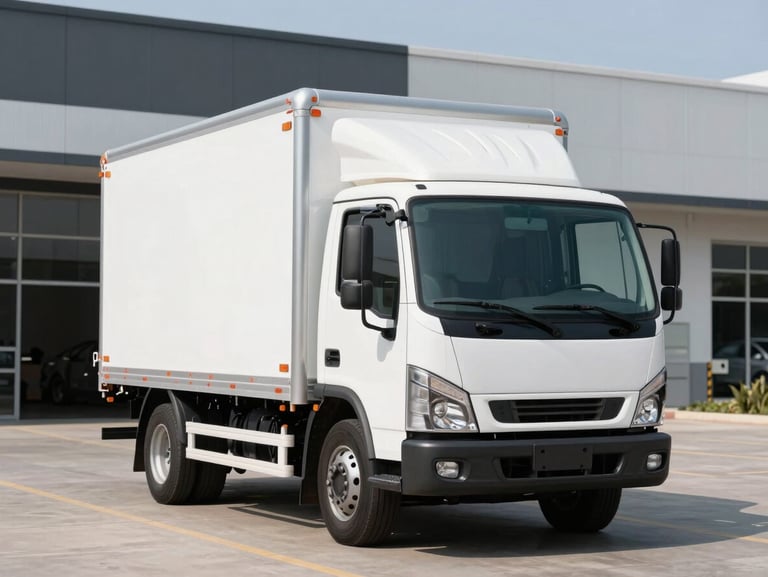 A clean, organized commercial service truck parked outside a modern commercial building under bright daylight, straight-on technical framing.