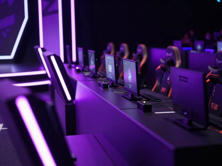 Close-up of high-tech gaming tournament stage setup, vibrant violet neon LEDs, professional esports production gear, sharp focus, high contrast, 35mm