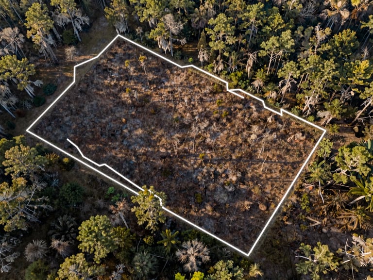 Top-down orthomosaic drone photography of a raw pine flatwood parcel in Central Florida, sharp boundary lines overlaid in white, crisp morning light.