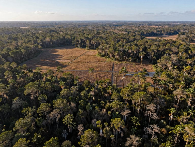 High-altitude aerial drone photograph of raw pine flatwood acreage in Central Florida, crisp morning light, clear parcel boundaries overlaid, wide environmental horizon.