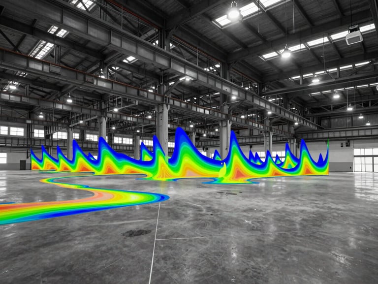 High-contrast architectural rendering of an industrial hall with false-color DIALux photometric heatmap overlay, showing light intensity curves from 6000K fixtures.