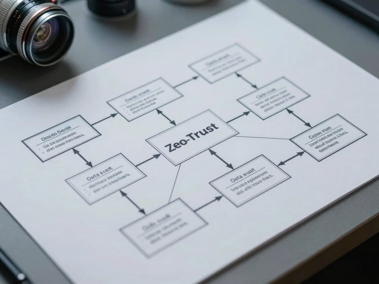 Clean schematic blueprint of zero-trust data flows, cool clinical lighting, isometric projection.