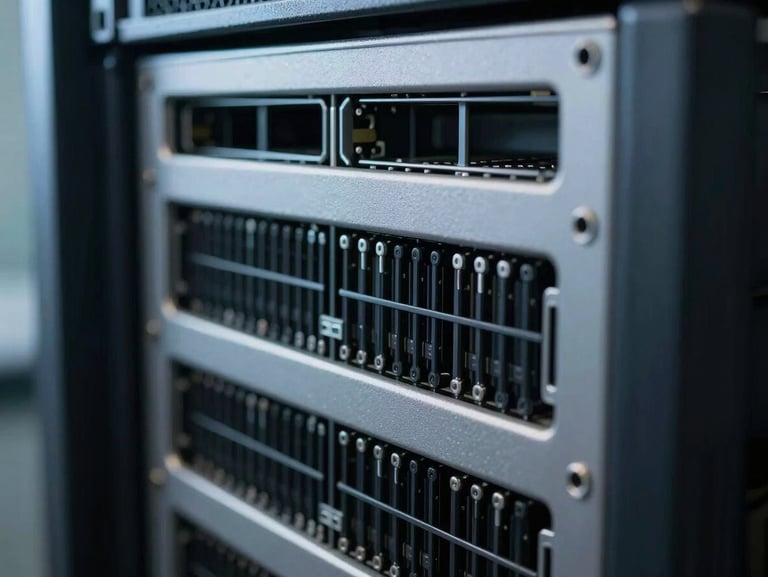 Macro detail of server rack wiring, cool clinical daylight, precise alignment.