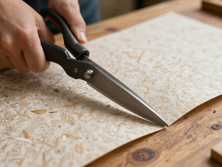 Close-up of heavy shears cutting through textured warm oat pattern paper on a solid wood workbench