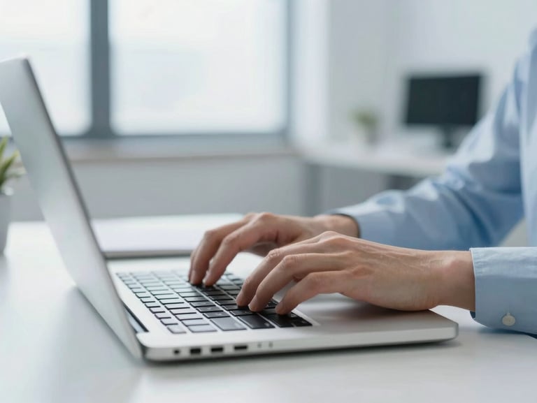 Close-up of hands typing on a sleek laptop keyboard in a bright modern office, clean daylight, soft corporate blue tones, sharp focus, 35mm
