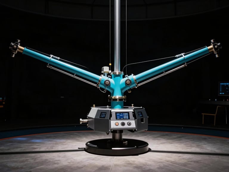 Dramatic low-key wide shot of a multi-axis motion flight simulator cockpit, hydraulic cylinders extended, sharp cyan lighting on metallic joints, black background