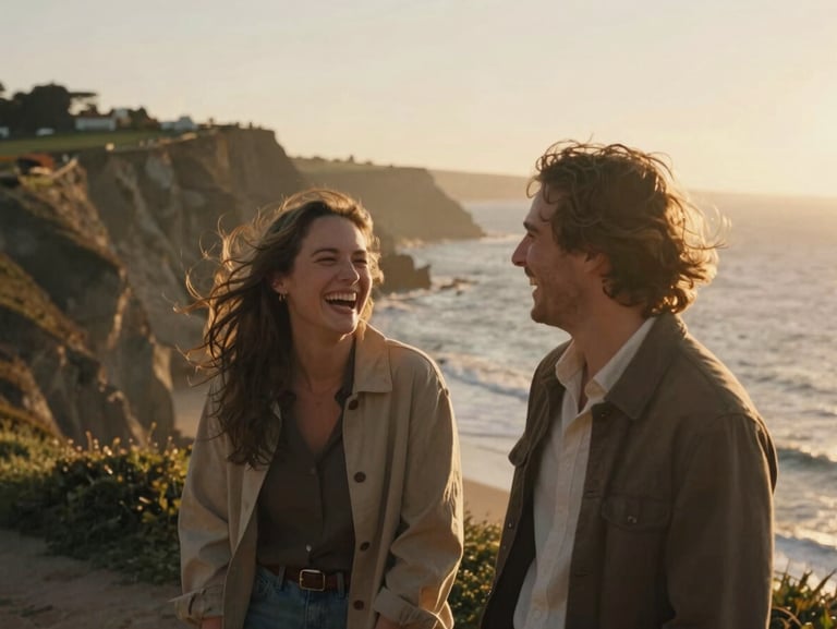 A couple laughing candidly on a coastal cliffside at golden hour, wind-blown hair, warm sun-drenched backlighting, 35mm film aesthetic.
