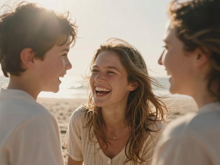 Candid close-up of a family laughing on a beach, wind-blown hair, warm sun flares, soft natural earth tones, authentic family interaction, 35mm film aesthetic