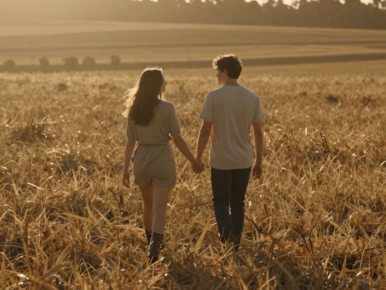 Cinematic wide shot of a couple walking through a golden-hour field, hand-in-hand, soft backlighting, warm sun-drenched environment, 35mm film aesthetic