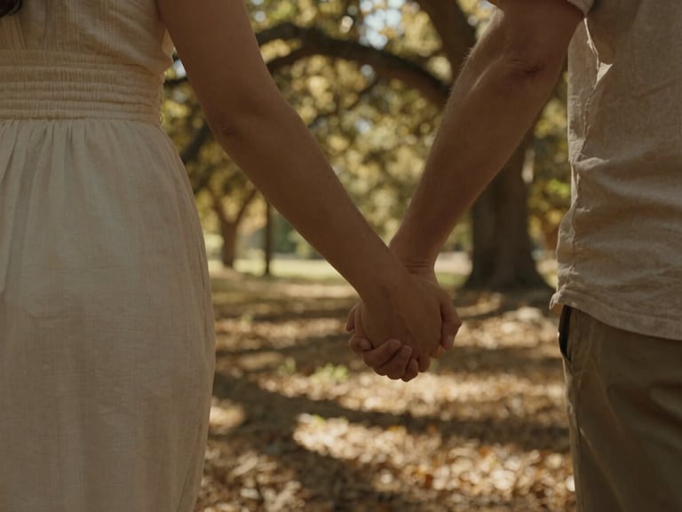 Intimate close-up of a couple holding hands while walking through a sun-drenched oak forest, golden light filtering through trees, deep natural shadows.