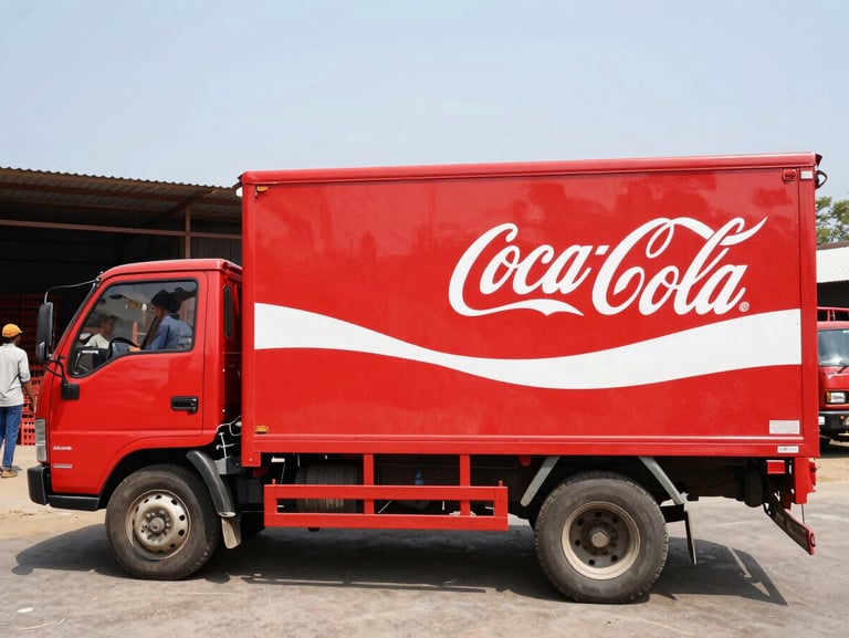A red Coca-Cola delivery truck being loaded with crates of beverages by warehouse workers in Gopalganj, bright daylight, 35mm